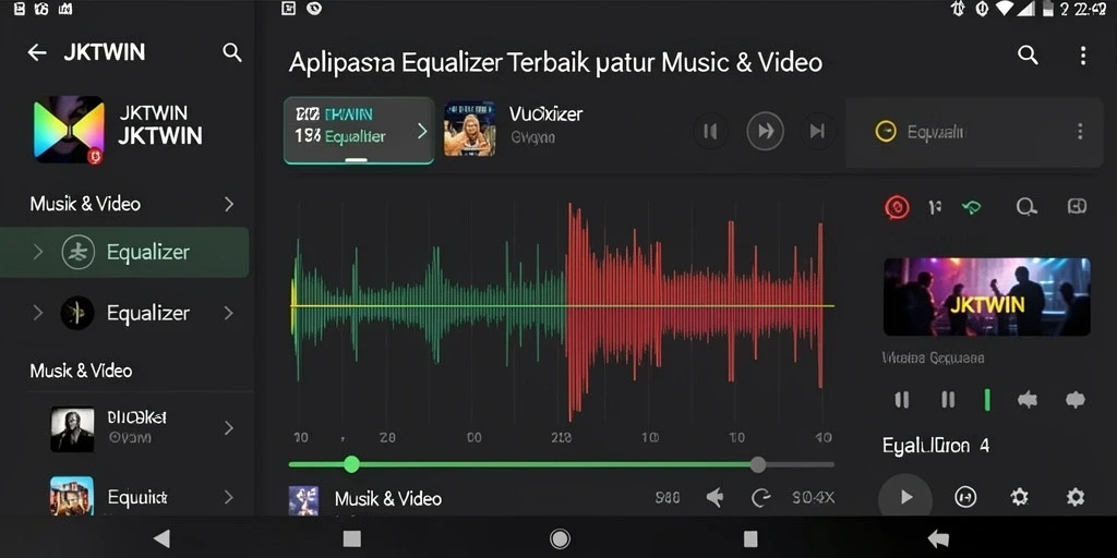 Tampilan antarmuka pengguna aplikasi Equalizer JKTWIN yang modern dan menarik.